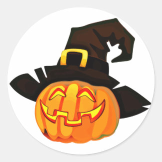 Sticker Rond Citrouille d'Halloween avec Casquette de sorcière