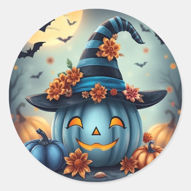Sticker Rond Citrouille d'Halloween bleue Jack-o-lanterne (Devant)