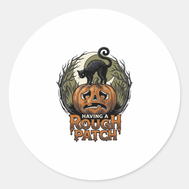 Sticker Rond Citrouille d'Halloween Chat Tache Brute Gravure Vi (Devant)