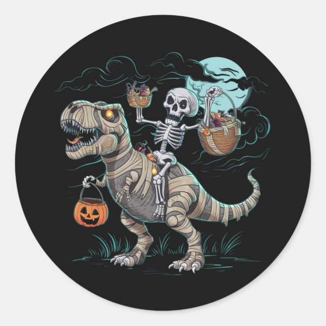 Sticker Rond Citrouille d'Halloween Dinosaure T rex à cheval su (Devant)