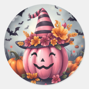 Sticker Rond Citrouille d'Halloween rose jolie Jack-o-lantern
