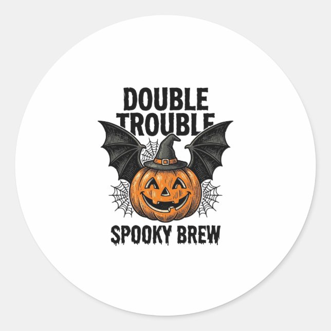 Sticker Rond Citrouille d'Halloween Sorcière Double Trouble Vin (Devant)