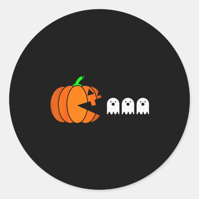 Sticker Rond Citrouille drôle d'Halloween mangeant un fantôme,  (Devant)