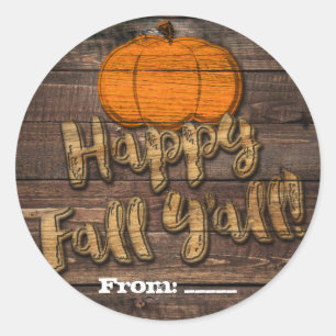 Sticker Rond Citrouille en bois rustique Happy Fall Y'all Favor
