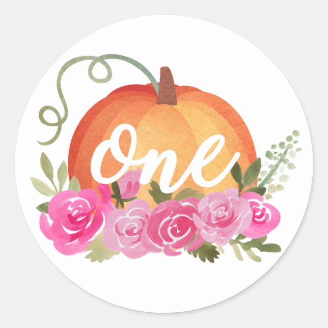 Sticker Rond Citrouille et Rose UN premier anniversaire Favoris (Devant)