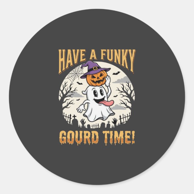Sticker Rond Citrouille fantôme de la période funky Halloween (Devant)
