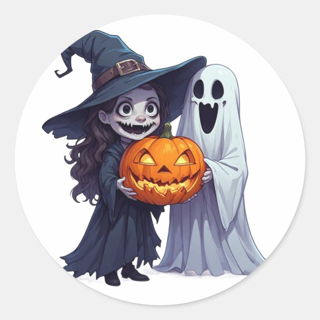 Sticker Rond Citrouille fantôme sorcière pour Halloween 🎃 (Devant)