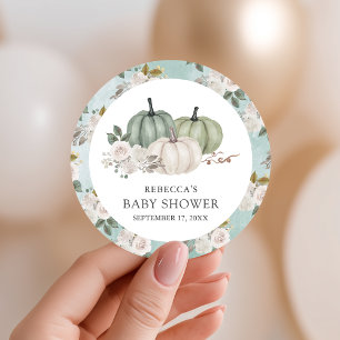 Sticker Rond Citrouille Fleurie Vert Sauge Baby Shower d'Automn