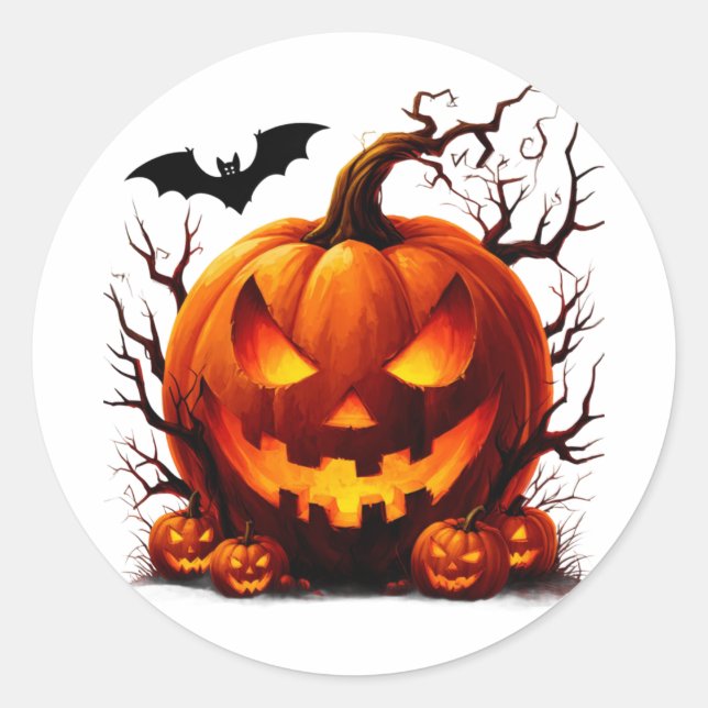 Sticker Rond Citrouille Hantée Jack O Lantern Avec Yeux Brûlant (Devant)