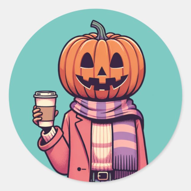 Sticker Rond Citrouille Head Café Automne Saison Chemise (Devant)