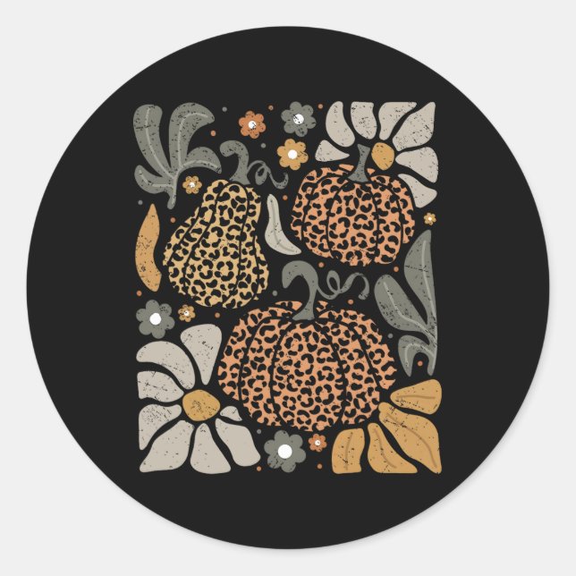 Sticker Rond Citrouille léopard avec fleurs Boho Floral Thanksg (Devant)