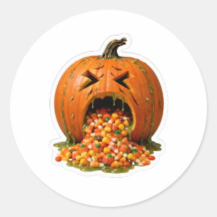 Sticker Rond Citrouille malade vomissant des bonbons en vinyle