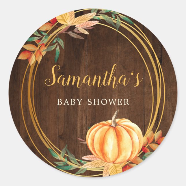 Sticker Rond Citrouille Orange Baby shower Chutes Feuilles Bois (Devant)