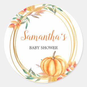 Sticker Rond Citrouille Orange Baby shower Feuilles automnales