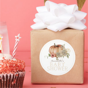 Sticker Rond Citrouille orange et Baby shower Dahlia blanc