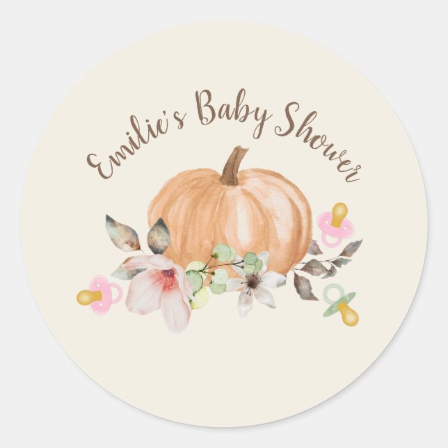 Sticker Rond Citrouille Pacifique Baby shower d'automne floral (Devant)