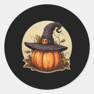 Sticker Rond Citrouille portant un costume Casquette de sorcièr