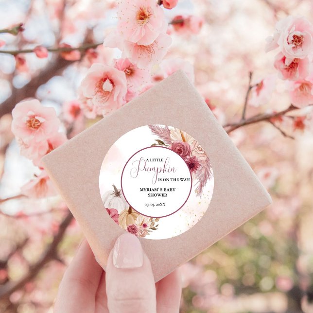 Sticker Rond Citrouille rose automne Baby shower floral fille (Créateur téléchargé)