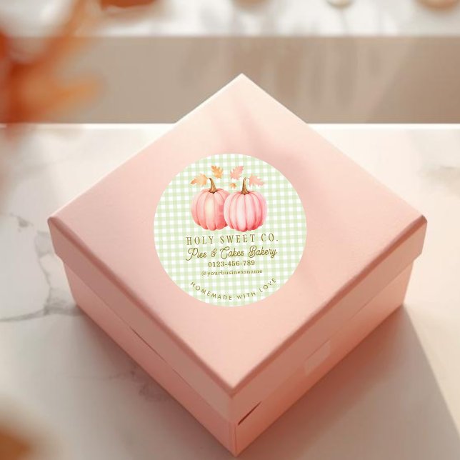 Sticker Rond Citrouille rose d'automne En vichy boulangerie (Pink Pumpkin Green Gingham Bakery sticker)