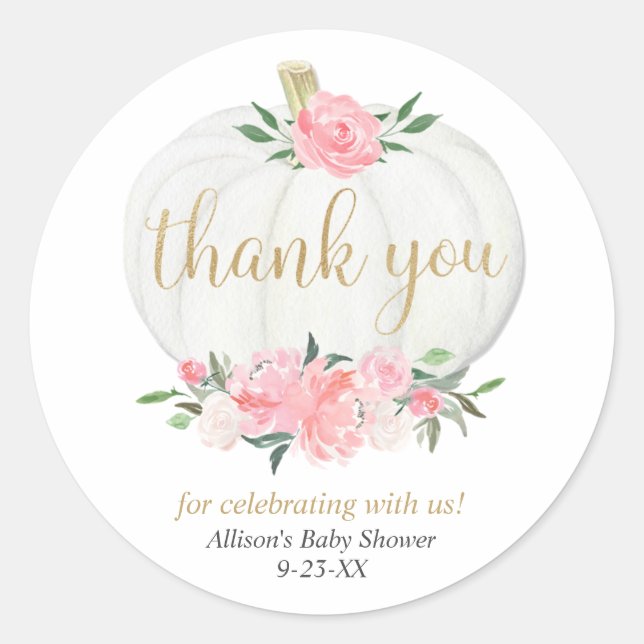Sticker Rond Citrouille rose fille baby shower floral (Devant)