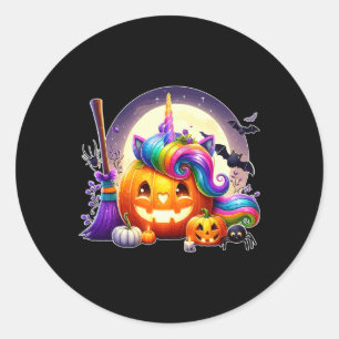 Sticker Rond Citrouille sculpté comme Unicorne Face Halloween c