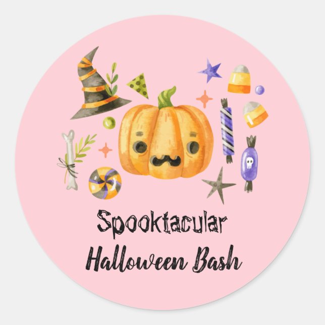 Sticker Rond Citrouille Spooktacular Halloween Bash Party rose (Devant)