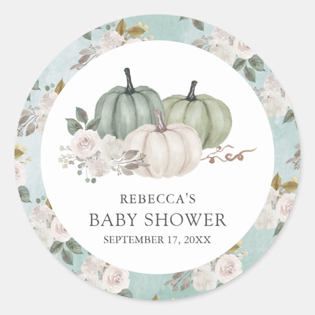 Sticker Rond Citrouille vert Sage Baby shower d'automne Floral (Devant)