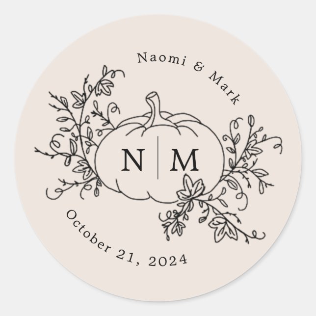 Sticker Rond Citrouille Vines Monogramme Mariage (Devant)