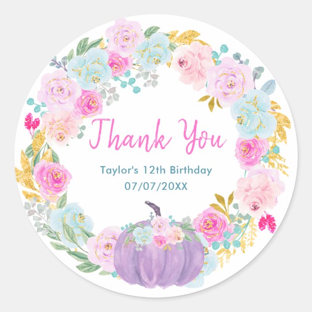 Sticker Rond Citrouille violet Wreath Anniversaire Merci fête (Devant)