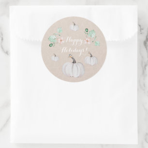 Sticker Rond Citrouilles Blanches Aquarelle Fleurie Personnalis