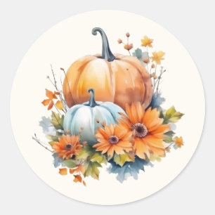 Sticker Rond Citrouilles d'automne avec Fleurs et Foliage