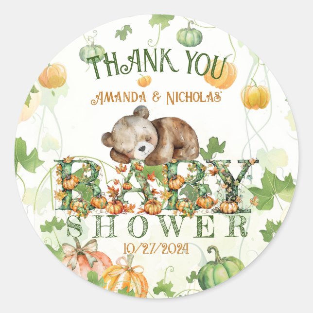Sticker Rond Citrouilles d'automne et Merci de Baby shower d'ou (Devant)