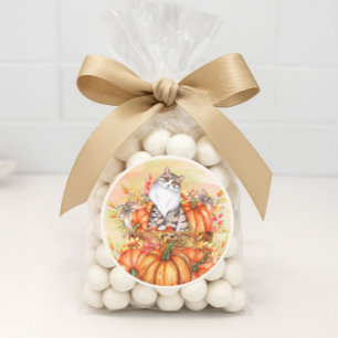 Sticker Rond Citrouilles de chat Automne Orange Blanc