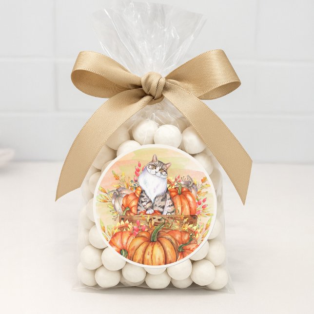 Sticker Rond Citrouilles de chat Automne Orange Blanc (Cat and pumpkins fall/autumn sticker for envelopes and favor bags)