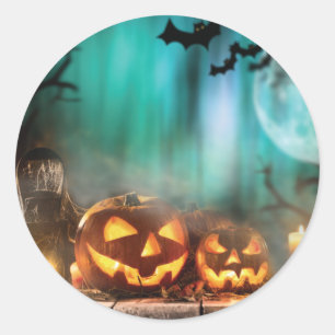 Sticker Rond Citrouilles d'Halloween et chauves-souris lancent