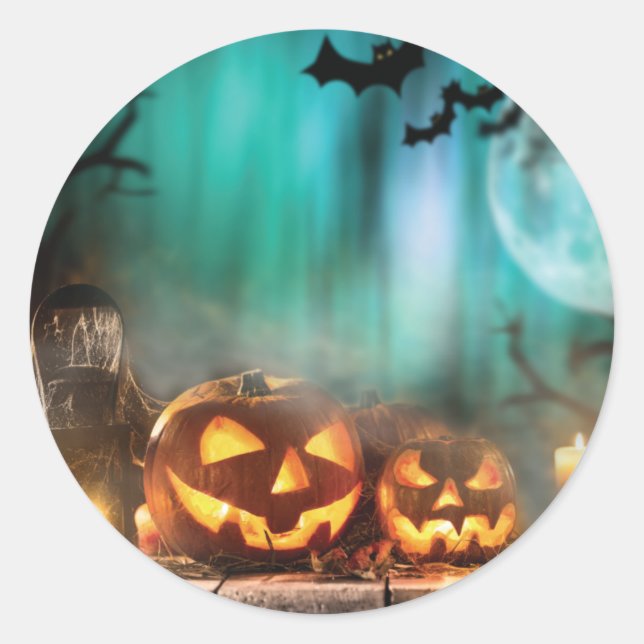 Sticker Rond Citrouilles d'Halloween et chauves-souris lancent  (Devant)