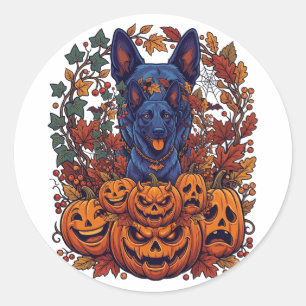 Sticker Rond Citrouilles d'Halloween Pitbull Bleu Feuilles d'Au
