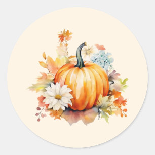 Sticker Rond Citrouilles et fleurs orange d'automne