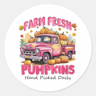 Sticker Rond Citrouilles frais de ferme - Camion rose Harvest d