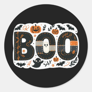 Sticker Rond Citrouilles noires et oranges BOO Chauves-souris e