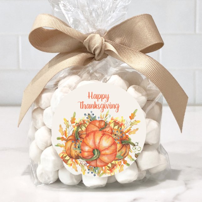 Sticker Rond Citrouilles oranges de Thanksgiving Feuilles d'aut (Watercolor pumpkins "Happy Thanksgiving" sticker)