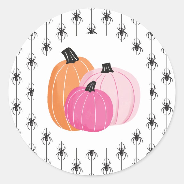 Sticker Rond Citrouilles roses et araignées d'Halloween (Devant)