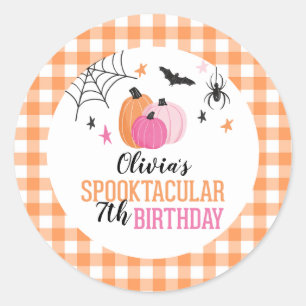 Sticker Rond Citrouilles roses Halloween plaid orange pour anni