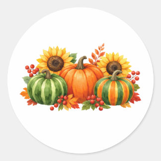 Sticker Rond Citrouilles, tournesols et baies à l'aquarelle 