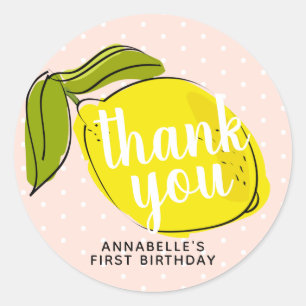 Sticker Rond Citrus citron 1er anniversaire Merci rose pâle