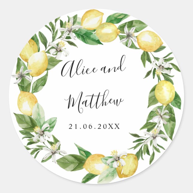 Sticker Rond Citrus citron et monogramme mariage feuille (Devant)