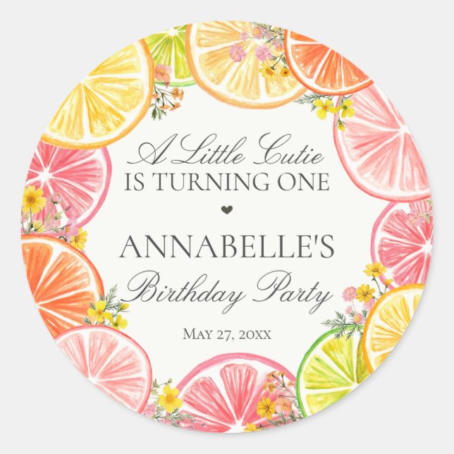 Sticker Rond Citrus Floral Little Cutie Fête d'anniversaire Fav (Devant)