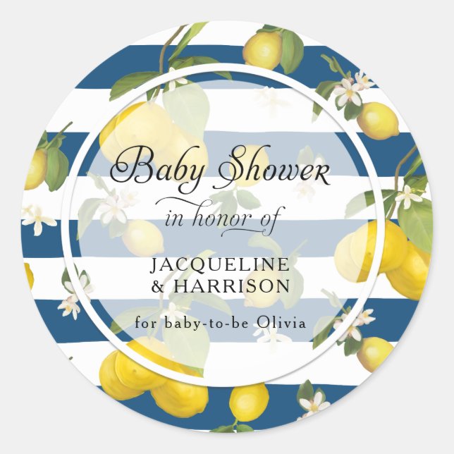 Sticker Rond Citrus Lemon Floral Foliage Navy en bande blanche (Devant)