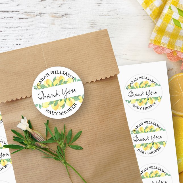 Sticker Rond Citrus Lemon Merci personnalisé (Thank you stickers from my Citrus Lemon Baby Shower Collection)