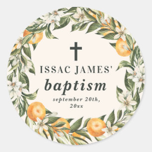 Sticker Rond Citrus, orange + fleurs baptême baptême baptême ba